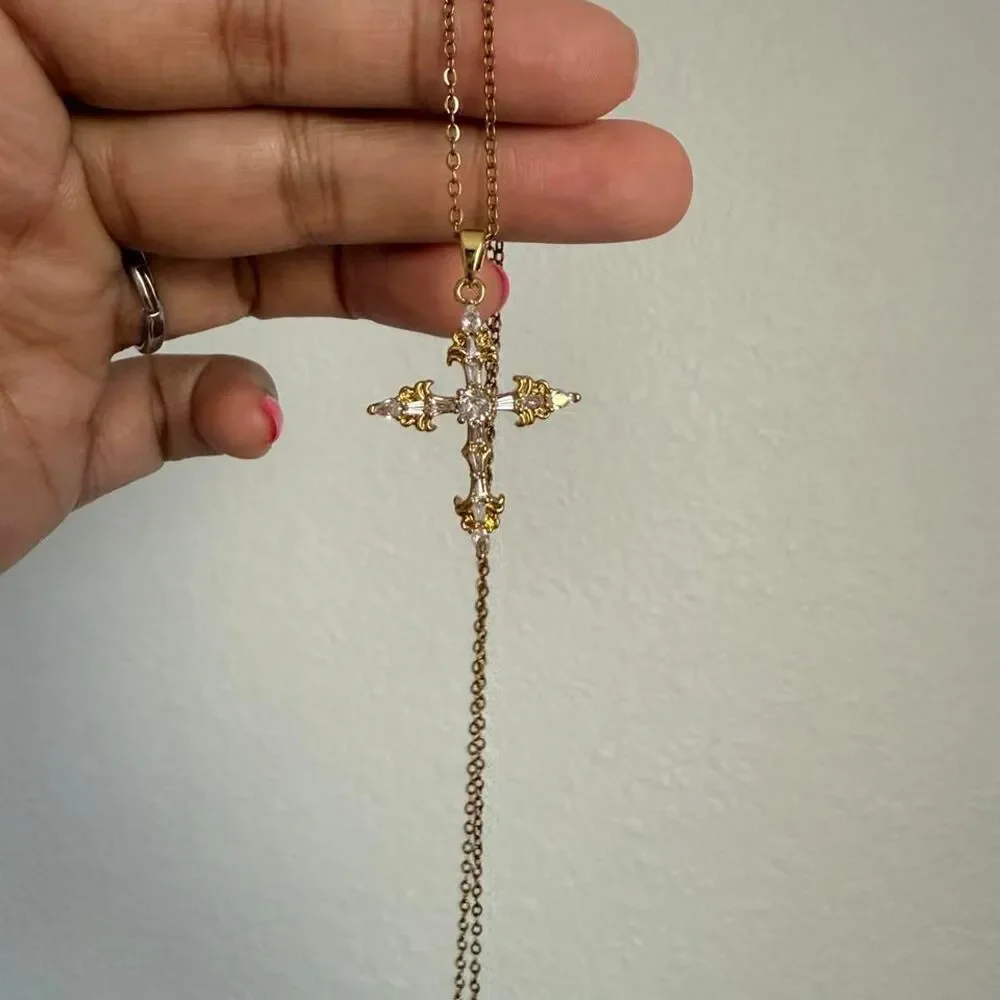 Gold Tone Cross Pendant Necklace | CZ Rhinestones | Adjustable